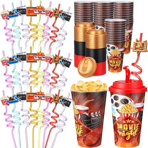 Miniatura 9 de Yungyan 16 juegos de tazas de golosinas con tapas y pajitas para decoraciones de cumpleaños, reutilizables, 16 onzas, vasos de plástico para dulces
