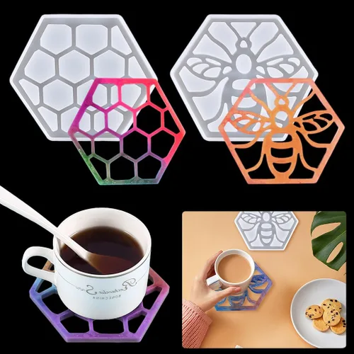 Paquete de 2 moldes hexagonales de resina de silicona de grado alimenticio para fundición epoxi, soporte para tazas de automóvil, bandeja de ágata