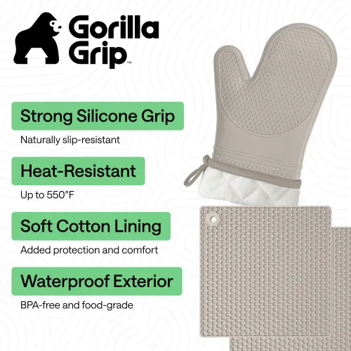 Miniatura 2 de GORILLA GRIP Juego de 4 manoplas de horno de silicona suave sin BPA y soportes para ollas, resistentes al calor, forro de algodón grueso, agarre