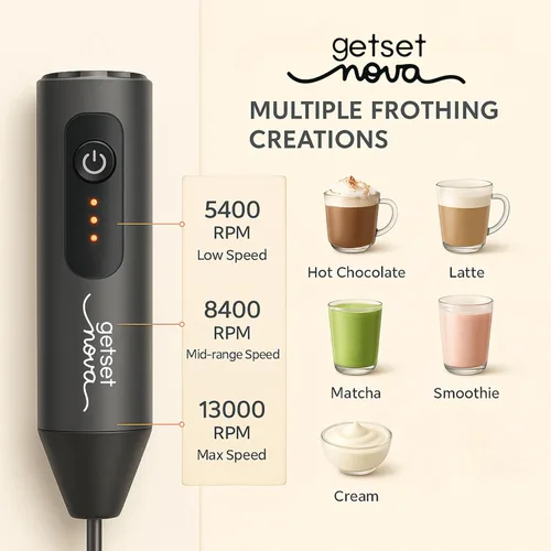 Miniatura 6 de Espumador de Leche para Café, Espumador Recargable Eléctrico de Mano con Varilla Dual y Batidor, 3 Configuraciones de Velocidad, Carga Rápida