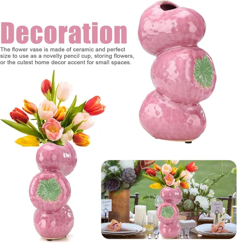 Miniatura 3 de Firlar Florero de cerámica con diseño de fresas para flores, decorativo, moderno, rosa, redondo, 4 x 3 x 8 pulgadas, boda, Navidad, regalo del día