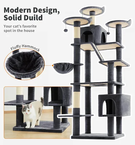 Miniatura 7 de Made4Pets - Árbol alto para gatos, torre de árbol para gatos de interior grande y adulto, torre moderna para gatos con poste rascador, hamaca