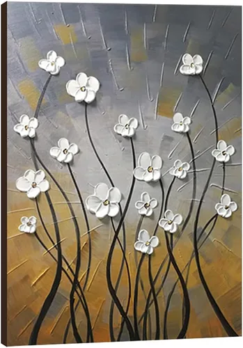 Wieco Art Pinturas al óleo 100% pintadas a mano, lienzo abstracto, arte de pared, diseño moderno de flores estiradas, listo para colgar, para sala