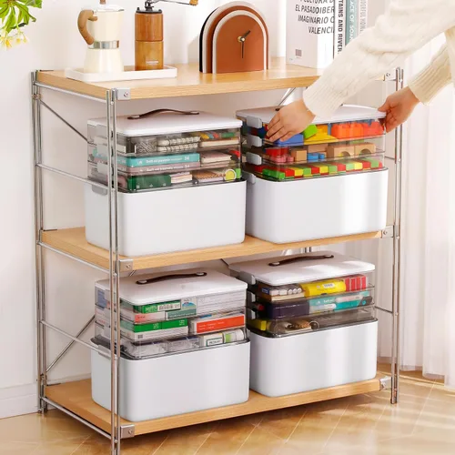 Miniatura 2 de MOPALL Caja organizadora de almacenamiento de medicamentos de 4 niveles, contenedor portátil con pestillo, tapa y asa de cuero, organización