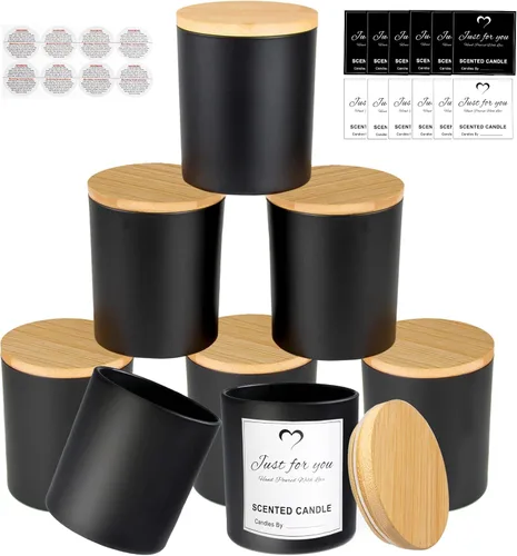 CONNOO Paquete de 8 tarros de vidrio negros vacíos de 14 onzas para hacer velas con tapas de bambú y etiquetas adhesivas, tarros para hacer velas a