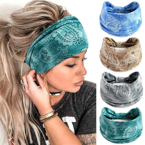 Miniatura 12 de FULZTEY Diademas bohemias para mujer, elegantes diademas con estampado floral, turbante de nudo ancho, elástico, para yoga, correr, entrenamiento