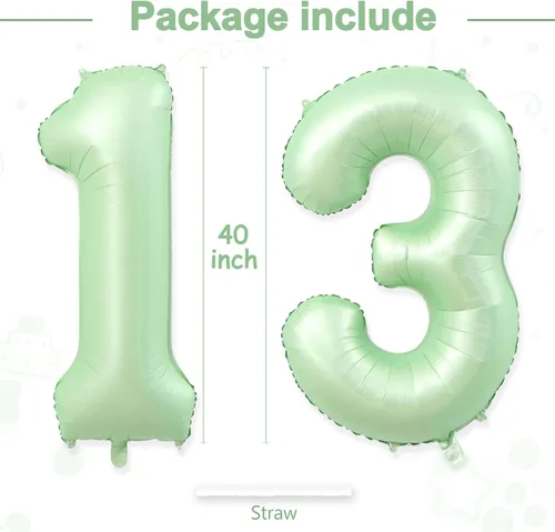 Miniatura 3 de Globos gigantes con el número 13, globos de aluminio de color verde claro de 40 pulgadas, globos gigantes de helio del número 13 o 31 para Verde