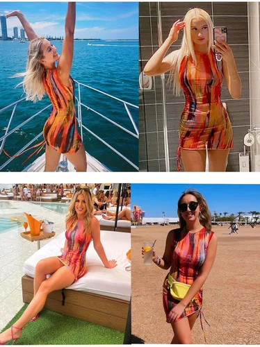 Miniatura 6 de ABMOIU Mini vestido sexy de malla con estampado para mujer, transparente, sin mangas, elástico, ajustado, corto, vestido de verano