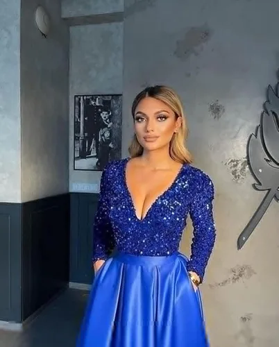 Miniatura 5 de Miao Duo YZTS055 - Vestido de fiesta de graduación con lentejuelas brillantes para mujer, con bolsillos, manga larga, de satén, formal