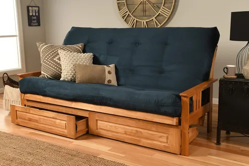 Kodiak Furniture Monterey - Futón tamaño Queen, cajones de almacenamiento, acabado de nuez con colchón de gamuza azul marino