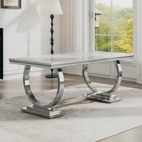 Miniatura 26 de Juego de mesa de comedor de 7 piezas, mesa de cocina de lujo de mármol sintético blanco de 70 pulgadas y 6 sillas copetudas de terciopelo beige