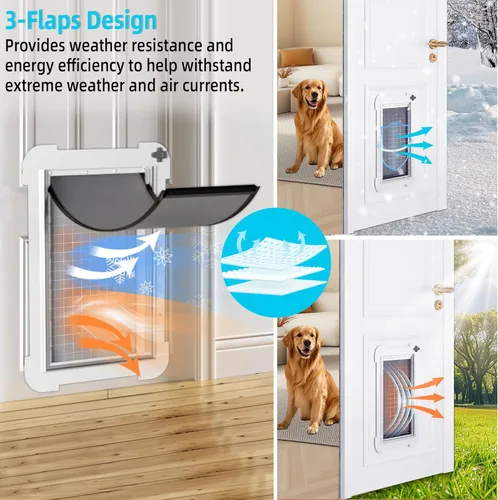 Miniatura 7 de Puerta de perro extra grande de 3 solapas para puertas con panel de bloqueo deslizante, marco de acero y túnel telescópico para mascotas, puerta