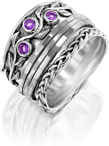 Paz Creations - Anillos giratorios de plata de ley 925 para mujer con piedras preciosas naturales, banda gruesa con patrón martillado, joyería