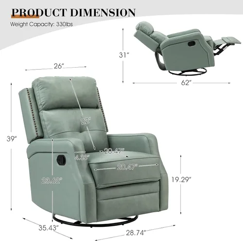 Miniatura 2 de HULALA HOME Sillón reclinable giratorio de cuero genuino con respaldo ajustable y reposapiés, silla reclinable manual para sala de estar