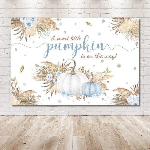Miniatura 6 de MEHOFOND Telón de fondo bohemio de calabaza pequeña de 7 x 5 pies para niño, baby shower, hojas de otoño, hierba de pampas, hierba de Acción