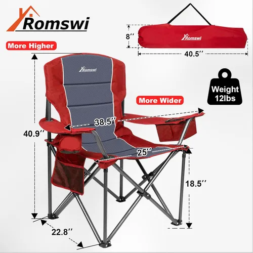 Miniatura 2 de Romswi Sillas de camping de gran tamaño, soporte resistente de 500 LBS, sillas deportivas acolchadas para la espalda y los brazos, portavasos