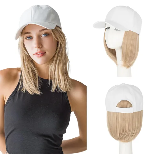 Miniatura 23 de S-noilite Peluca de gorra de béisbol de 6 pulgadas con peinado Bob y extensiones de cabello, gorra de béisbol recta ajustable para mujer
