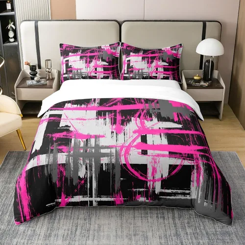 jejeloiu Juego de ropa de cama de color rosa intenso, negro y gris, tamaño individual, juego de funda de edredón de arte abstracto para niños, funda