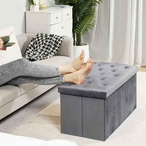Miniatura 5 de B FSOBEIIALEO Otomana de Almacenamiento Plegable, Banco Largo de Zapatos Otomanas, Asiento Reposapiés de Cofre de Almacenamiento de Terciopelo Gris