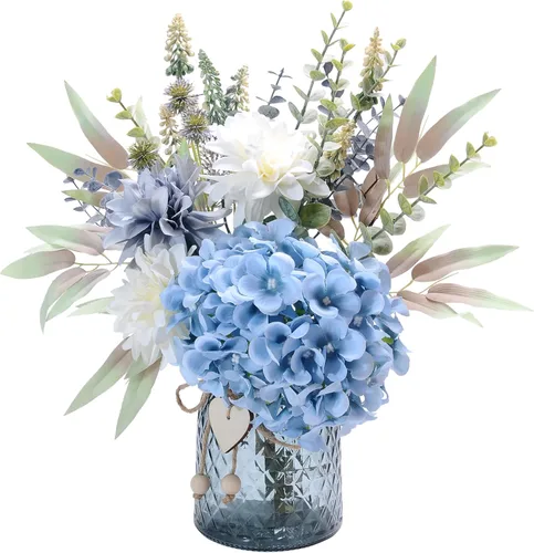 LUEUR Flores falsas con jarrón, flores artificiales de hortensias en jarrón, arreglo de flores sintéticas adecuadas para el hogar, cocina, sala de
