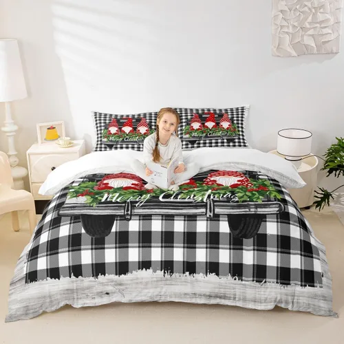 Miniatura 46 de Juego de funda de edredón para niños con diseño de Navidad, tamaño individual, camiones rojos y árboles de pino con copos de nieve, decoración