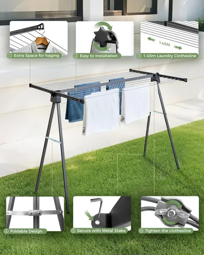 Miniatura 7 de JS HANGER Tendedero plegable para exteriores, de acero inoxidable resistente, secadora de ropa portátil plegable de 46 pies