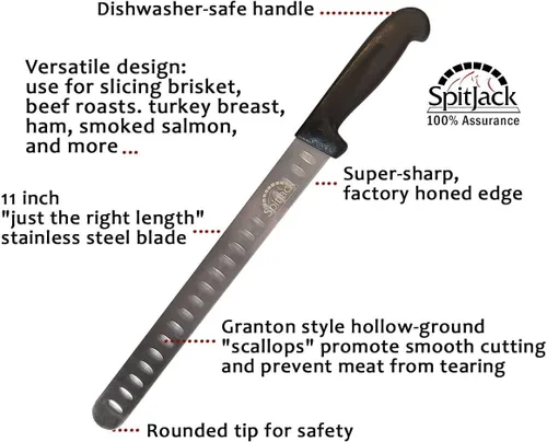 Miniatura 3 de SPITJACK Cuchillo de pechuga ahumada para barbacoa para tallar y rebanar carne - SS, borde Granton, hoja de 11 pulgadas