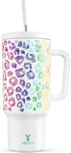 Miniatura 48 de Meoky - Vaso de 30 oz con asa, tapa y pajilla, taza de viaje térmica de acero inoxidable 100% a prueba de fugas, para portavasos, mantiene el frío