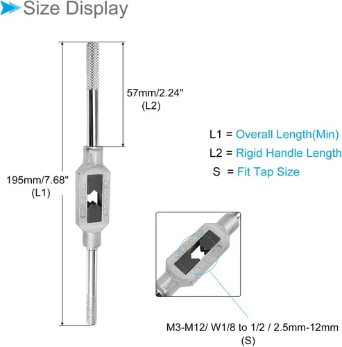 Miniatura 2 de Mango de llave de grifo, ajuste M3-M12 W1/8-1/2 tamaño de grifos, aleación de zinc y acero al carbono, herramienta de mano de roscado ajustable