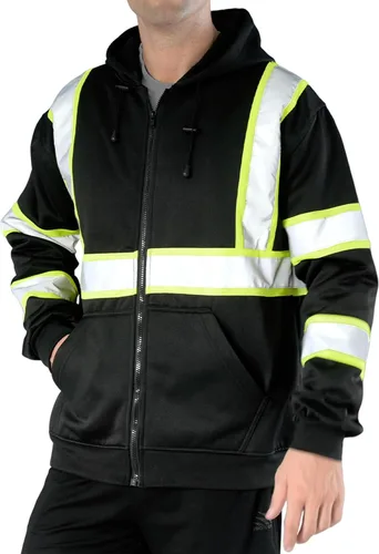 Miniatura 8 de SEsafety Sudadera con capucha con cremallera de alta visibilidad, sudadera de seguridad reflectante clase 3 con parte inferior negra, chaqueta