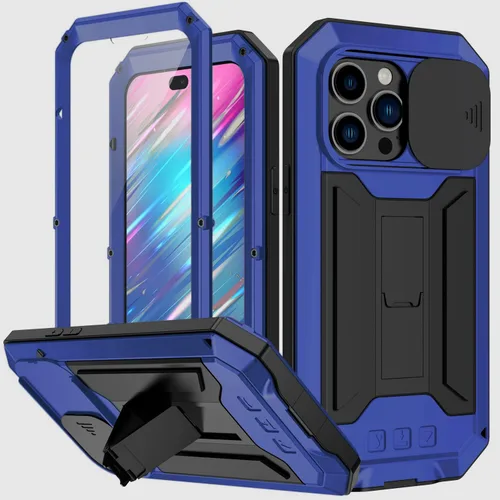 Miniatura 17 de Simicoo Funda compatible con iPhone 14 con protector de cámara de pantalla con función atril, resistente al agua, de metal militar, resistente