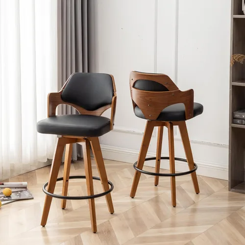 Miniatura 16 de MEKLIBA Juego de 2 taburetes de bar giratorios de altura de mostrador, silla de bar tapizada con patas de bambú, taburetes de mostrador con respaldo