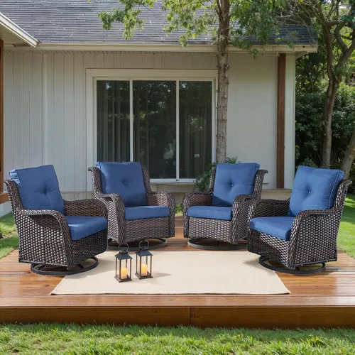 Miniatura 58 de HUMMUH Sillas Mecedoras Giratorias de Mimbre para Patio Exterior con Respaldo Alto, Sillas Deslizantes de Ratán PE, Juego de Muebles de Patio de 4