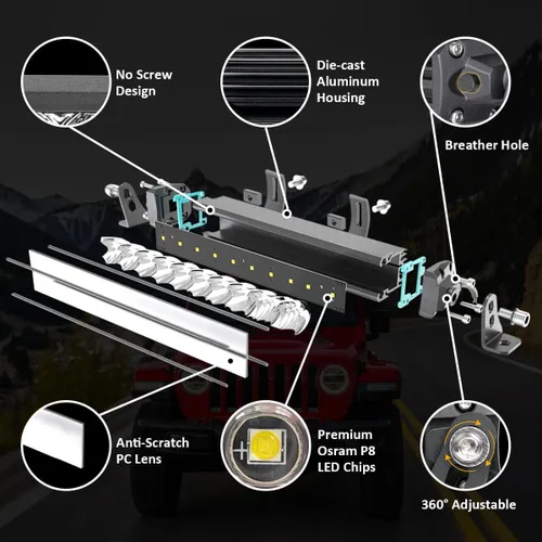 Miniatura 8 de LASFIT Barra de luz LED de 12 pulgadas, barra de luz impermeable IP67 sin tornillos, luz de trabajo combinada de inundación de puntos todoterreno