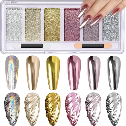 DRMODE - Polvo de uñas cromado dorado y plateado, 6 colores, efecto espejo metálico, rosa, morado claro, champán, cromado, polvo para uñas, pigmento