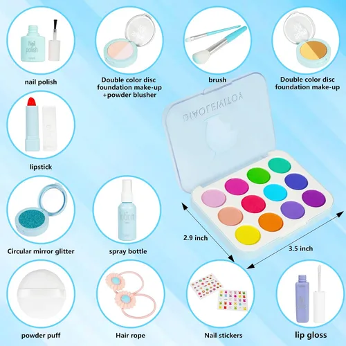 Miniatura 5 de Kit de maquillaje de simulación para niñas, 15 piezas, azul Juguetes cosméticos falsos, para edades de 3, 4, 5, 6, 3-6 años, regalos de cumpleaños