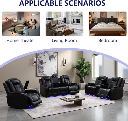 Miniatura 8 de Juego de Sofá Reclinable Eléctrico, Juego de Sofá y Sillón Reclinable de Cuero Negro, Juegos de Muebles de Sala de Estar, Sofá de Dos Plazas