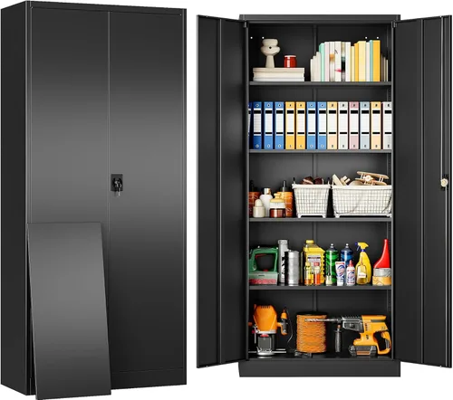 Miniatura 36 de SISESOL Armario de almacenamiento de metal con cajón y cerradura, gabinete de almacenamiento de metal negro con puertas de bloqueo y estantes