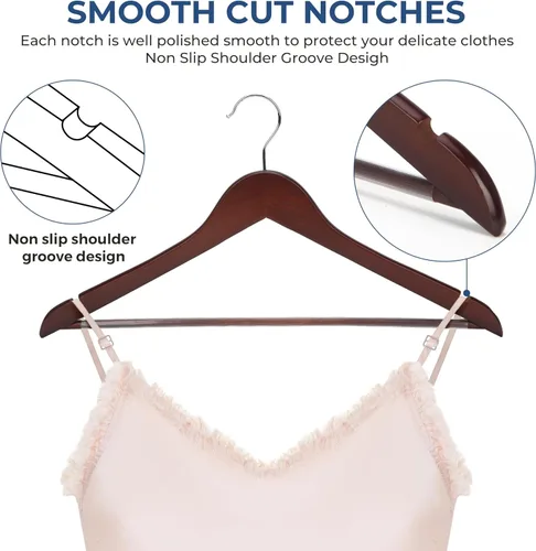 Miniatura 6 de JS HANGER Perchas de madera para traje, paquete de 20 perchas de madera de alta calidad de 17.5 pulgadas con barra antideslizante para pantalones