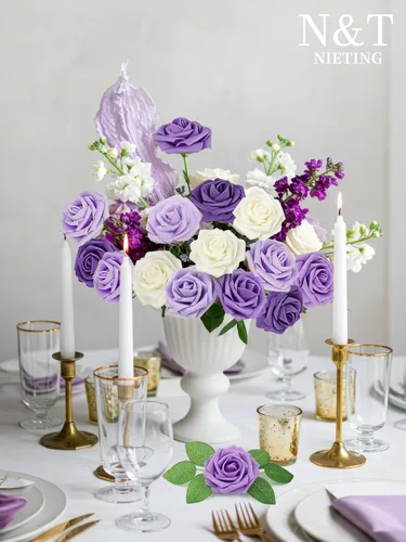 Miniatura 288 de N&T NIETING Flores artificiales, rosas artificiales de color rosa intenso, 50 piezas de flores falsas con tallo para ramos de boda DIY, centros