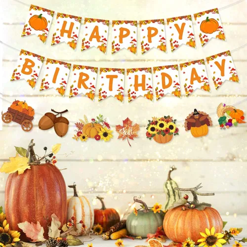 Miniatura 3 de Decoraciones de fiesta de cumpleaños de otoño, calabaza, arce, girasol, pavo, cosecha, granja, suministros de fiesta, pancarta de feliz cumpleaños