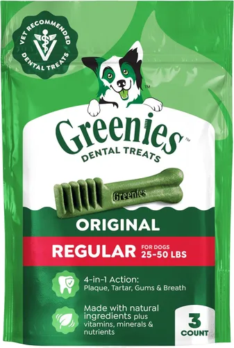 Greenies Golosinas dentales naturales para perros adultos recomendadas por veterinarios, tamaño regular, sabor original, paquete de 3 onzas, 3