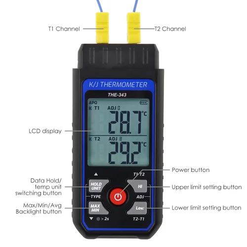 Miniatura 6 de Termómetro de Termopar Termómetro Digital Tipo K con 4 Termocuplas, Rango de Medición -328~2500℉ Medidor de Temperatura HVAC de Doble Canal
