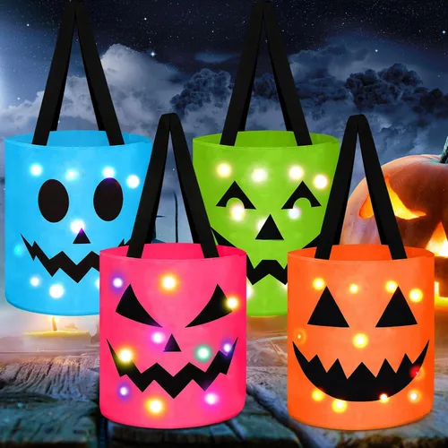 Miniatura 8 de Yaomiao 4 cubos de Halloween para niños con luz LED para dulces de calabaza, cestas de regalo reutilizables para suministros de fiesta (colorido)