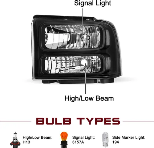 Miniatura 4 de JSBOYAT Juego de faros con bombillas y arnés de reemplazo para Ford F250 F350 F450 F550 Super Duty 99-04 / Ford Excursion 00-04 lado del conductor