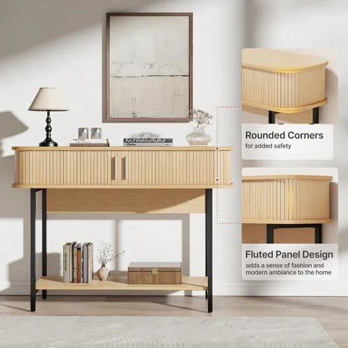 Miniatura 6 de Mesa de Entrada Moderna de Mediados de Siglo de 40", Mesa Consola Acanalada Ultra Delgada con Almacenamiento y Puertas Corredizas, Mesa de Sofá