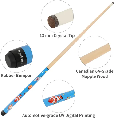 Miniatura 4 de Juego de 2 tacos de billar cortos para niños, madera de arce canadiense, 4 tamaños (36/42/48/52 pulgadas) con divertidos diseños impresos UV y punta