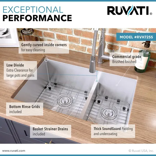 Miniatura 4 de Ruvati RVH7255 fregadero de cocina bajo cubierta de bajo perfil, bajo montaje, radio estrecho, doble cuenca 60/40, 28 pulgadas, calibre 16, acero