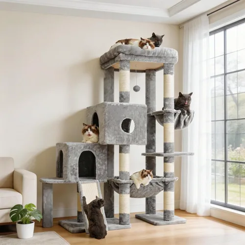 Miniatura 15 de Hey-brother Torre de árbol para gatos, postes rascadores con 3 condominios, canasta grande, cama acogedora, tabla de sisal, camino de escalada paso