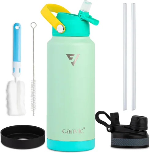 Miniatura 12 de Canvic DualSip - Botella de agua de acero inoxidable aislada al vacío de 32 onzas, 2 tapas a prueba de fugas (pajilla y pico), boca ancha, sin BPA